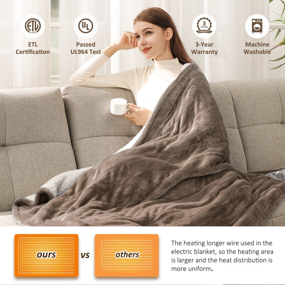 Electric Heated Blanket Throw Blanket 50" X 60" Flannel and Sherpa Electric Blanket Fast Heating 4 Hour Auto-Off Heating Blanket, Machine Washable, Brown