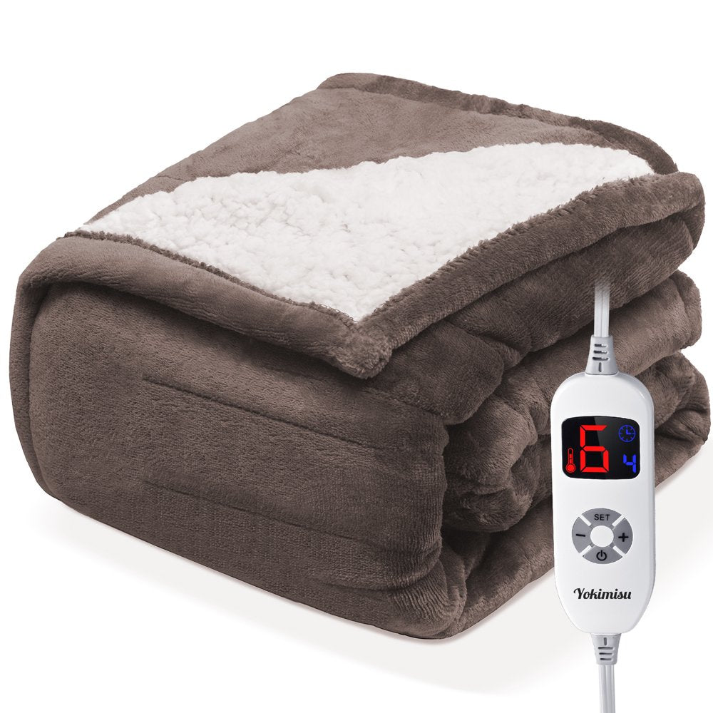 Electric Heated Blanket Throw Blanket 50" X 60" Flannel and Sherpa Electric Blanket Fast Heating 4 Hour Auto-Off Heating Blanket, Machine Washable, Brown